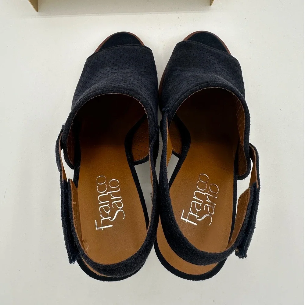 FRANCO SARTO Austin Navy Blue Suede Perforated Lug High Heel Slingback Sandals 7